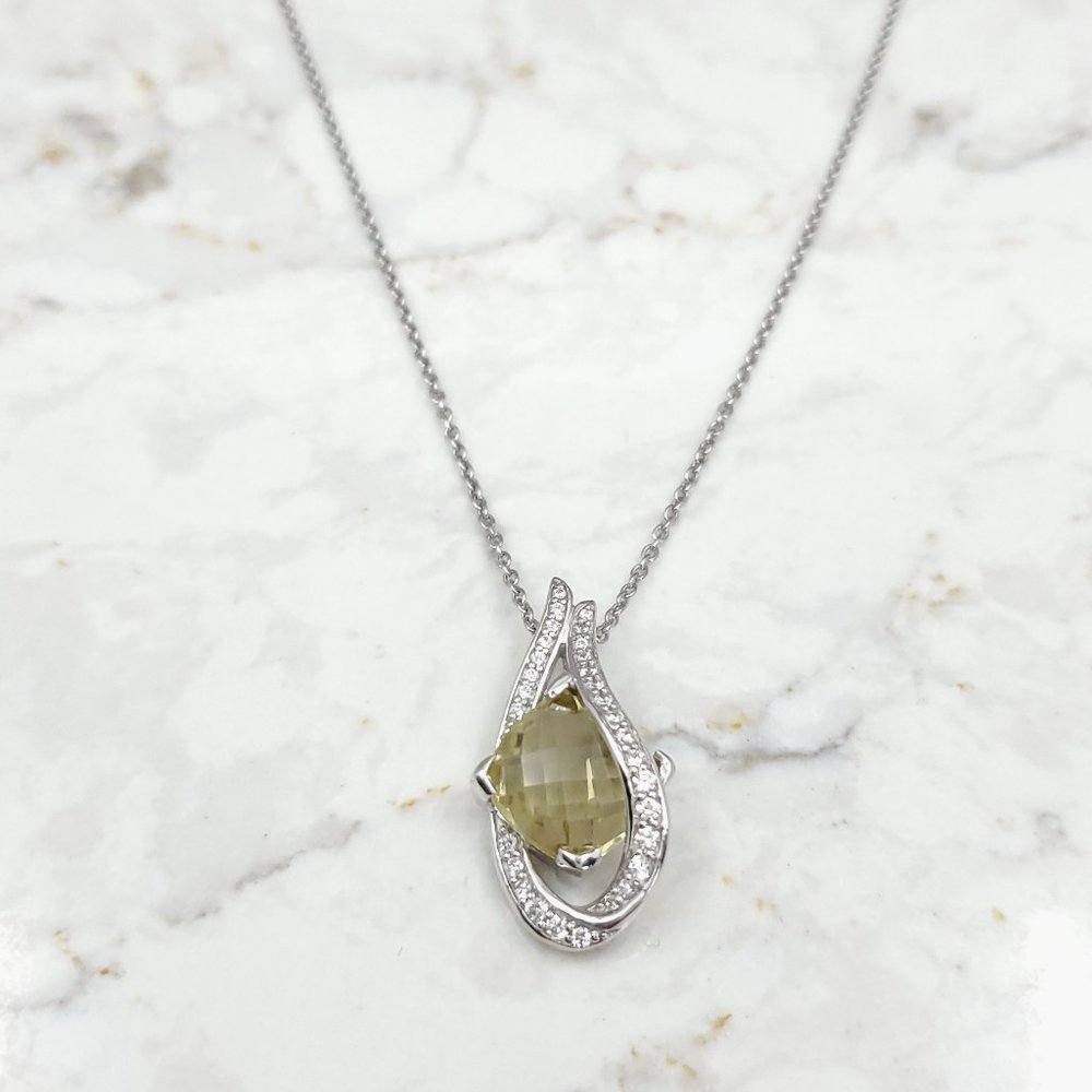 Sterling Silver Light Kiwi Quartz & CZ  Pendant